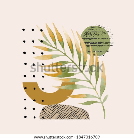 Hand drawn artwork in scandinavian minimal style. Modern vector illustration with tropical palm leaf, grainy grunge textures, geometric shapes, doodles. Watercolor summer illustration