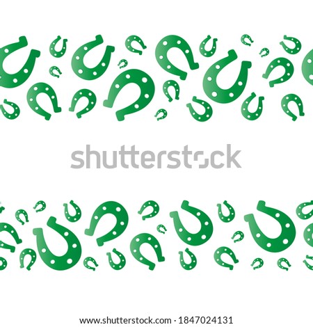 Lucky horseshoe. Green. Seamless horizontal border. Repeating vector pattern. Isolated colorless background. Good luck symbol. Endless ornament. Template for web design, printing, advertising, banner.