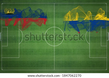 Liechtenstein vs Colombia Soccer Match, national colors, national flags, soccer field, football game, Competition concept, Copy space