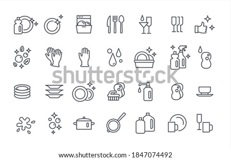Washing dishes icons thin flat vector set Royalty-Free Stock Photo #1847074492