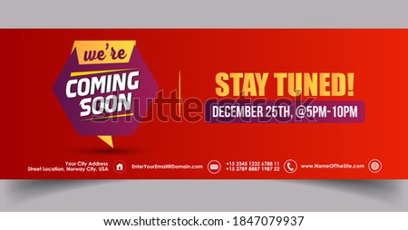 We are coming soon stay tuned facebook cover banner in red background. We are coming soon stay tuned with date and time facebook and twitter banner template. Announcement cover banner for social media