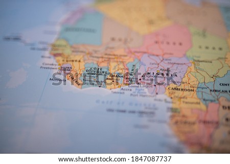 Close up picture of the countries above the Gulf of Guinea -Liberia, Ghana, Togo, Benin, and Nigeria- on a colorful map of West Africa with the rest of the countries blurred out
