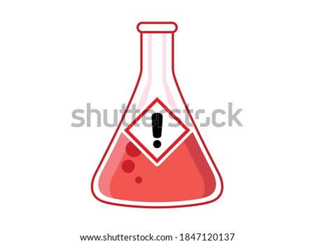 Laboratory chemical beaker with toxic liquid and hazard symbol icon vector. Dangerous symbol with exclamation mark icon. Glass container with red poisonous liquid clip art