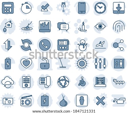 Blue tint and shade editable vector line icon set - phone vector, male, arrival, elevator, candle, snowman, abacus, caterpillar, heart, disabled, onion, radio, settings, cell, calculator, stopwatch