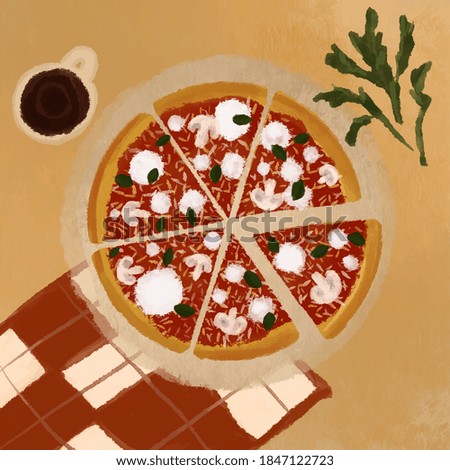Vegetarian pizza with coffee. Italian cuisine. Vector food illustration for pizzeria. 