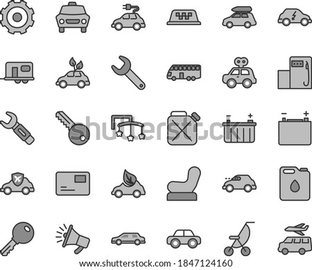 Thin line gray tint vector icon set - truck lorry vector, toys over the cot, Baby chair, summer stroller, motor vehicle, present, key, car, pass card, modern gas station, accumulator, battery, eco
