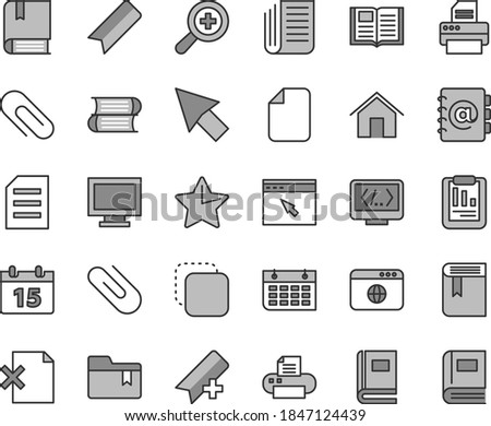 Thin line gray tint vector icon set - monitor window vector, clip, add bookmark, zoom, folder, book, e, books, home, calendar, star, address, delete page, copy, statistical report, wall, newspaper