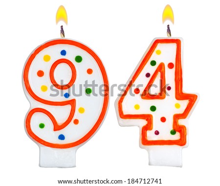 Birthday candles number ninety four isolated on white background
