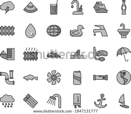 Thin line gray tint vector icon set - rubber duck vector, rainy cloud, washbasin, shower, construction level, new radiator, faucet mixer, kitchen, electronic boiler, drop, anchor, umbrella, storm