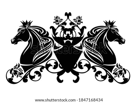 pair of horses wearing king crown and heraldic shield decorated with rose flowers - royal coat of arms black and white vector design