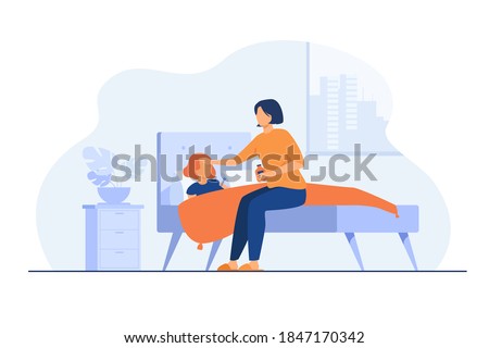 Mom taking care about sick child. Girl getting cold, suffering from flu, lying in bed with sore throat and fever. Vector illustration for childcare, motherhood, epidemic concept Royalty-Free Stock Photo #1847170342