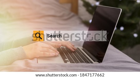 Internet Search Bar Over Shot Of Unrecognizable Woman Websurfing Using Laptop Computer Working Online Sitting At Home. Seo Optimization Concept. Collage With Searching Box. Panorama