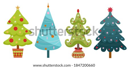 Christmas trees vector collection. Pines for greeting card, invitation,banner, web. New Years and xmas traditional symbol tree with garlands, light bulb, star. 