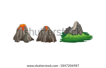 Volcano with Hot Lava and Rocky Mountain Vector Set