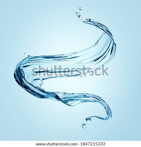 3d render, pure water jet, splashing wave clip art, liquid splash isolated on blue background.