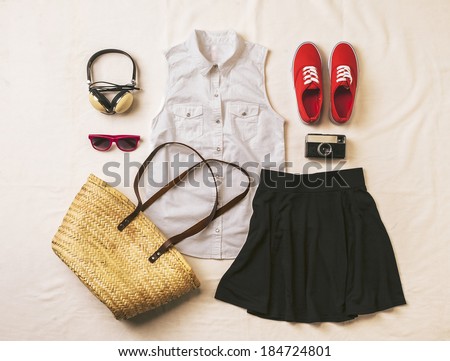 Overhead of essentials vintage woman. Outfit of casual woman.  Royalty-Free Stock Photo #184724801