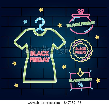 shopping and black friday icon set over blue background, colorful neon design, vector illustration