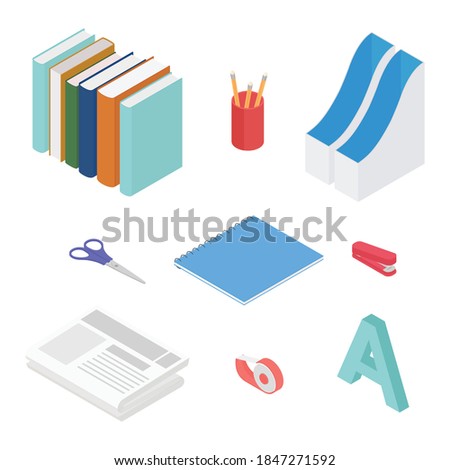 Stationery set. Isometric vector illustration in flat design. Working from home, office, doing homework.
