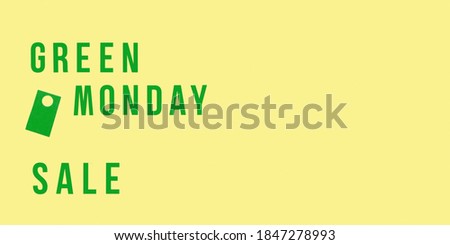 Green monday sale text on yellow and paper labels. Banner or background for Winter Christmas offer. Shopping discount promotion.