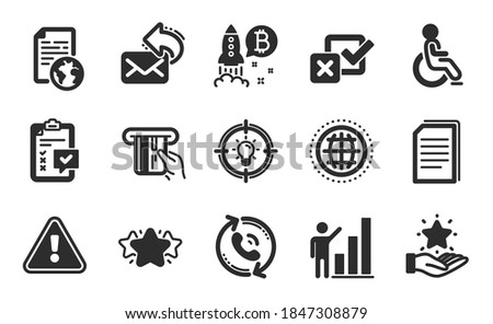 Loyalty program, Globe and Checkbox icons simple set. Disabled, Checklist and Share mail signs. Call center, Star and Copy files symbols. Graph chart, Credit card and Internet document. Vector