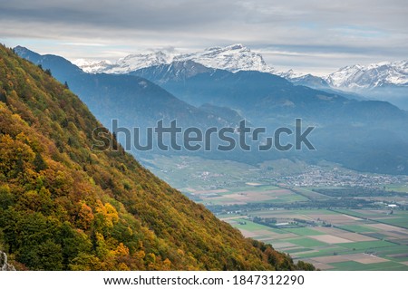 autumn forest in Chablais Valaisan overlooking Valley of the Rhone Royalty-Free Stock Photo #1847312290