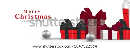 Pile of gift boxes christmas present banner vector. Merry Christmas and happy new year 3d realistic background illustration