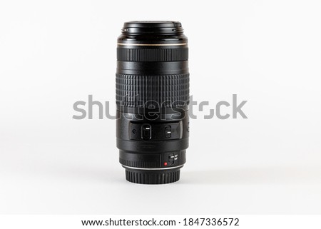 Reflex camera lens. View outside the camera. Zoom and fixed lenses. Photography accessories. Royalty-Free Stock Photo #1847336572