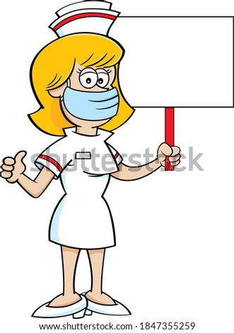 Cartoon illustration of a nurse wearing a mask while holding a sign.