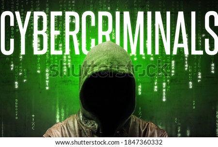 Faceless hacker with CYBERCRIMINALS inscription, hacking concept