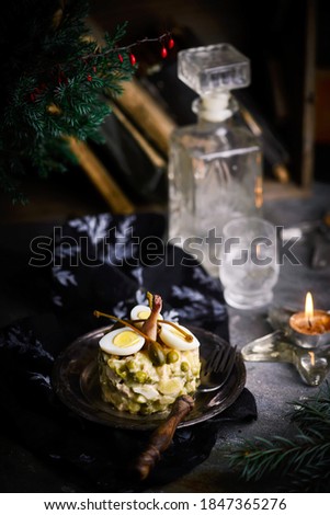 Quail Olivier Salad, Russian salad, traditional Russian New Year's salad