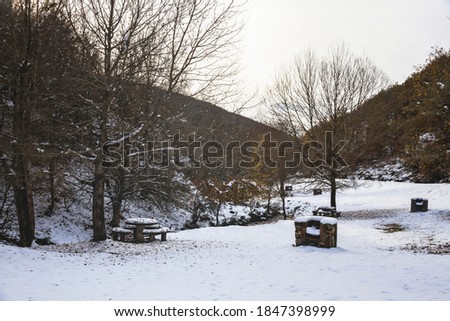 Snowy picnic area in the middle of the mountain surrounded by trees