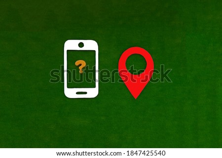 The phone is white, the question mark is yellow, and the geolocation sign is red on a green background. Navigation, location detection, technology.