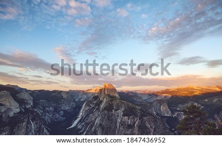 Scenic sunset above Half Dome, Yosemite National Park, USA.