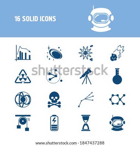 Physical icon set and danger skull with telescope tube, elementary particle physics and classical mechanics. Warning related physical icon vector for web UI logo design.