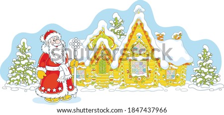 Santa Claus with a magical ice staff in front of his snow-covered and colorfully decorated log house on snowy and frosty Christmas Eve, vector cartoon illustration on a white background