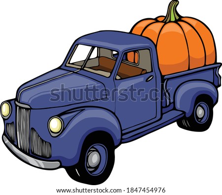 This truck has the largest pumpkin in the patch.  This piece of clipart features a classic 1950s truck with a massive pumpkin in the bed. 