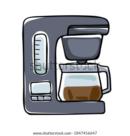 Illustration of a drip coffee maker on a white background. Color image isolated on white background. Doodle style.