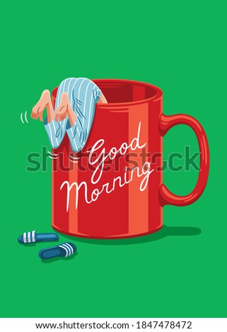 Vector illustration of a man in pajamas who is drinking from a giant red cup of coffee that has the text "good morning" written on it. The man has half his body inside the cup and his legs outside.