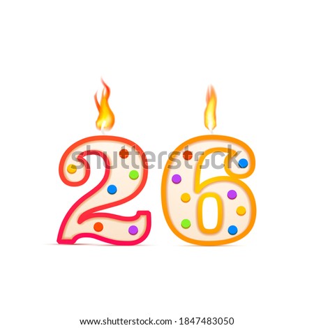 Twenty six years anniversary, 26 number shaped birthday candle with fire isolated on white