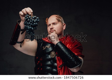 Handsome roman ruler in black armour and red cape with wreath on his bald head holds grape and looking at with arm under his chin.