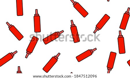 Red line Sauce bottle icon isolated seamless pattern on black background. Ketchup, mustard and mayonnaise bottles with