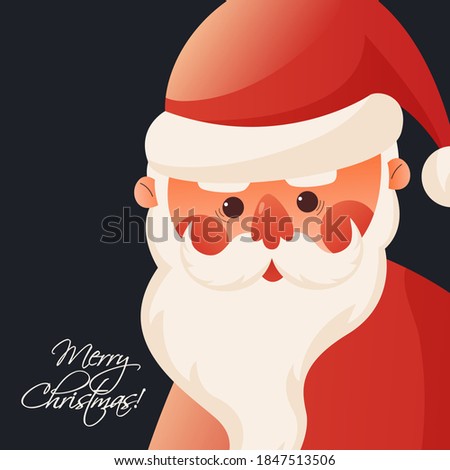 Cartoon Santa Claus wishes a Merry Christmas. Santa Claus is walking and holding a bag, walking in the snow. Winter background for holiday season design. Vector illustration