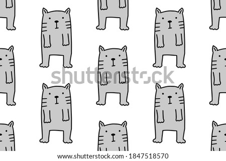 Hand drawn lines cartoon cat. Doodle seamless pattern for kids isolated on white background. For your fabric, textile design, wrapping paper or wallpaper.