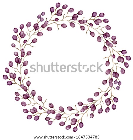 Floral autumn purple berries wreath. Watercolor winter berries frame. Hand-drawn illustration. Card, template.