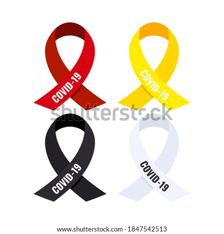 Coronavirus awareness ribbon set isolated on white background. Black, white, red, yellow ribbon with COVID-19 text charity and medical support loop badge. Flat design health care vector illustration.