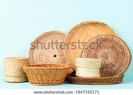 Handicraft handmade from natural product (wicker basket, woven bamboo plate and basket, weave rattan sheet). Eco friendy and sustainable concept Royalty-Free Stock Photo #1847592571