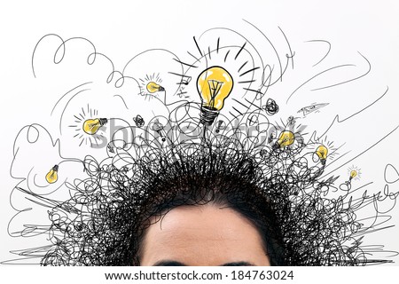 Thinking people with question signs and light idea bulb above  Royalty-Free Stock Photo #184763024