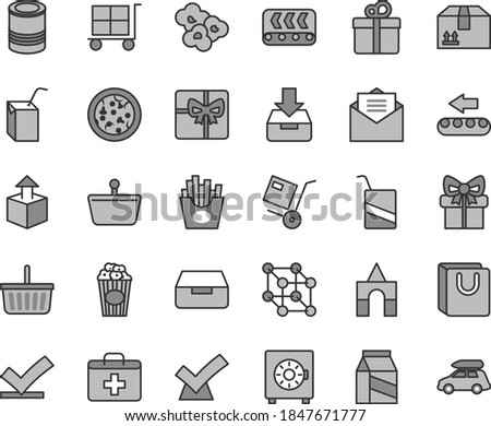 Thin line gray tint vector icon set - cargo trolley vector, grocery basket, first aid kit, e, packing of juice with a straw, box bricks, received letter, put in, drawer, strongbox, bag handles, gift