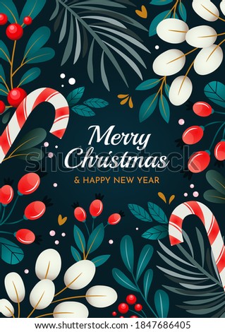 Christmas greeting card with ornaments of branches, berries and leaves. 