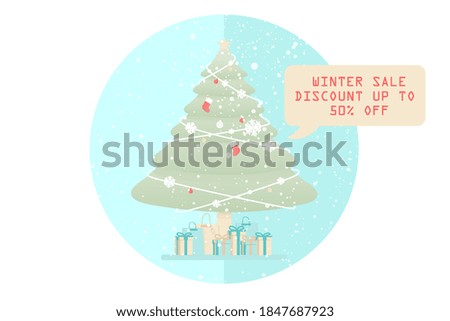 Winter sale banner design with Christmas tree and white snowflakes on blue background.